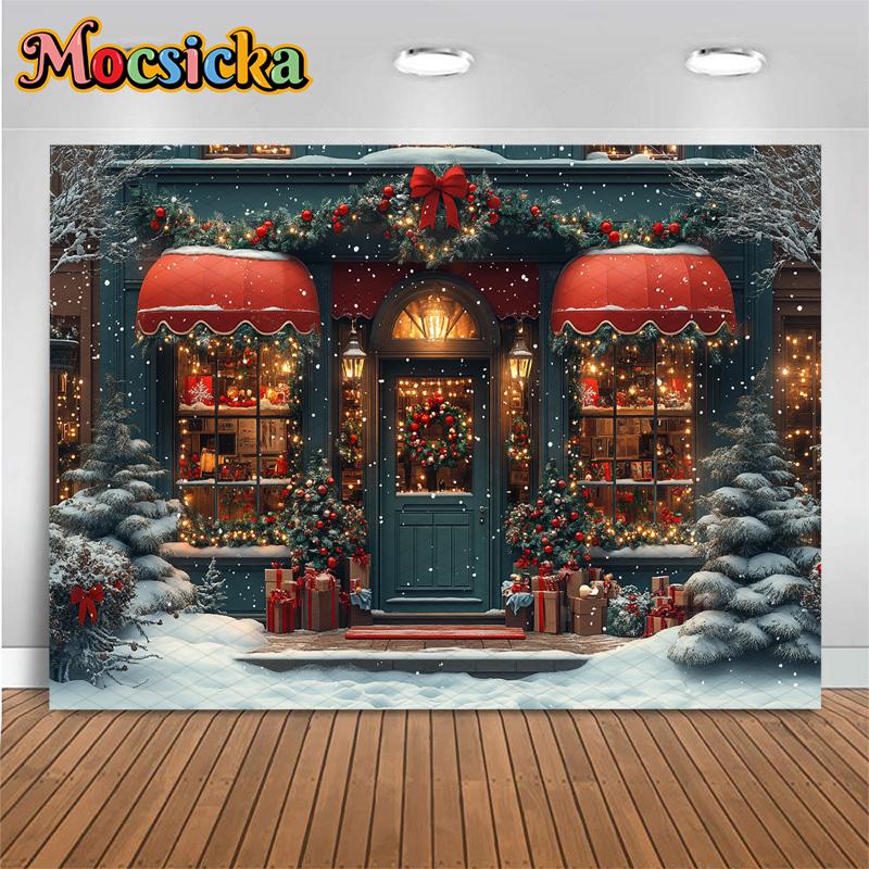 Mocsicka Christmas Store Backgrounds Photography Snowflake House Tree Children Baby Photo Backdrop Gifts Shop Decorations Banner
