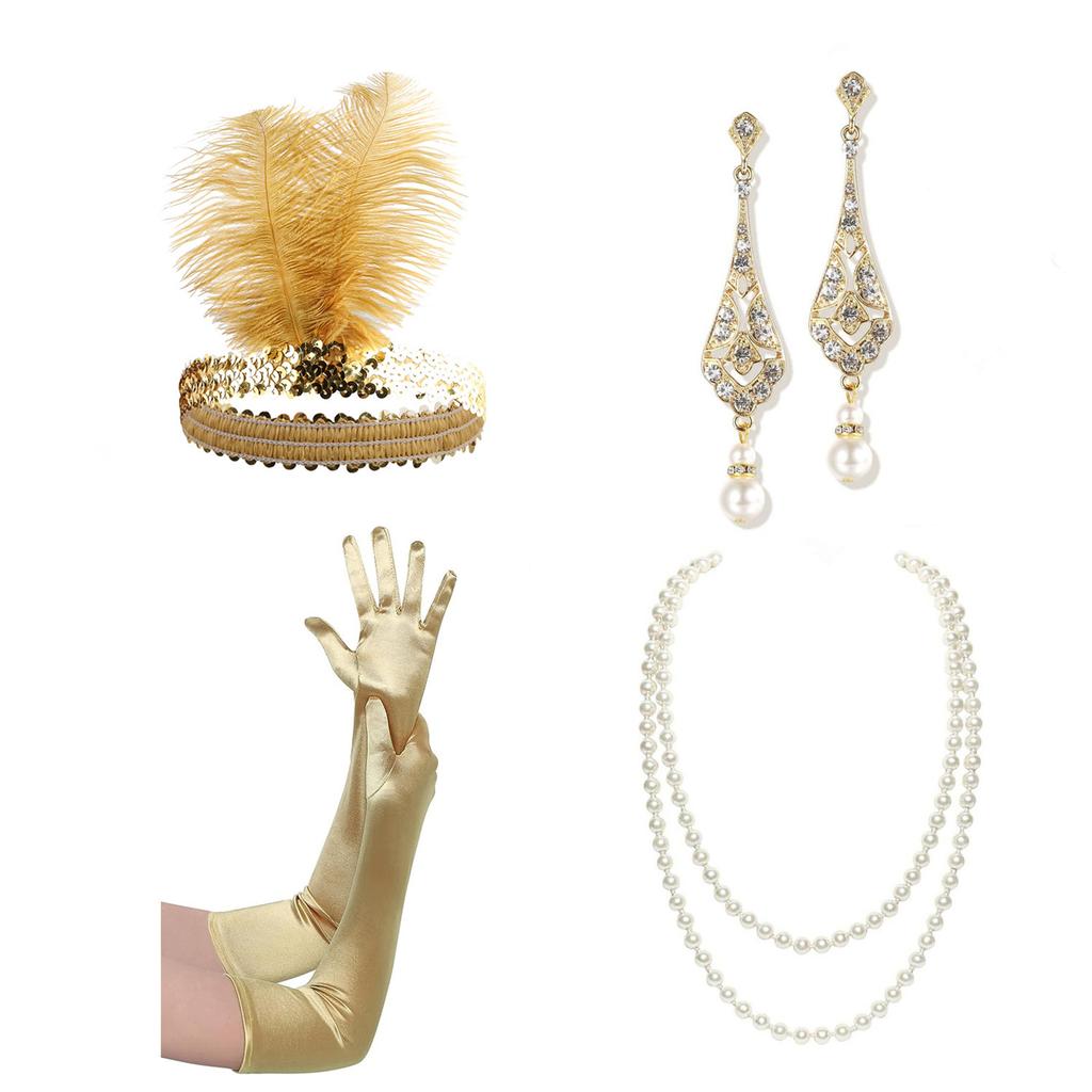 1920er Jahre Flapper Accessoires Gatsby Kostüm Zubehör Set für Damen 20er Jahre Kopfschmuck Perlenkette Handschuhe Ohrringe Set