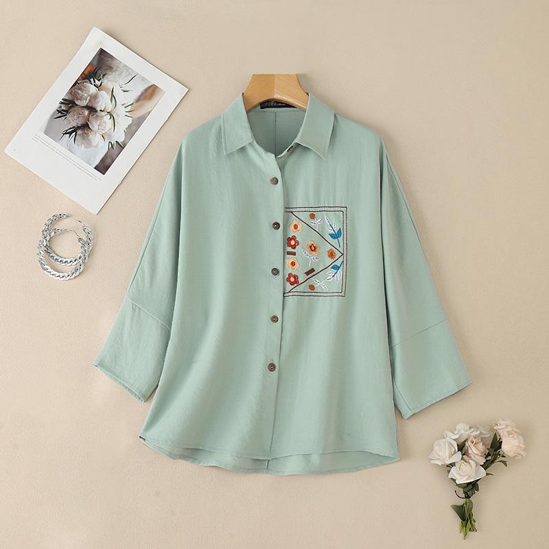 

ZANZEA Женская блузка с отложным воротником, рукавами 3/4, свободного кроя, с вышивкой 3XL зелёный