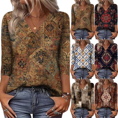 Women's 3/4 Sleeve Shirts V Neck Print Tops Casual Tops Basic Tees Blouse Loose Tops