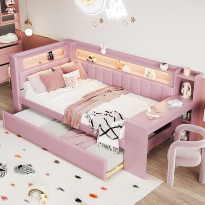 Children's Bed 90x200, Upholstered Headboard, LED Compartment, Multifunctional Bed: Desk, USB, Pull-out Bed, Slat Base, Pink (without Mattress)