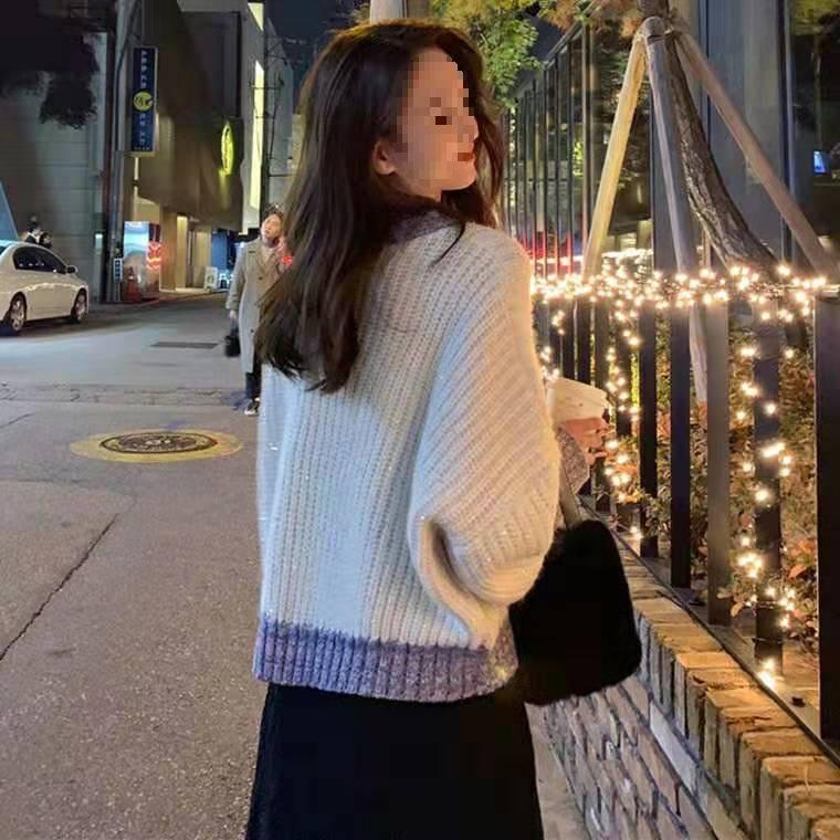 2025 Herbst/Winter Damen Hong Kong Stil Schwarzer Pailletten Locker Gestrickter Pullover - Vielseitige Lässige Passform