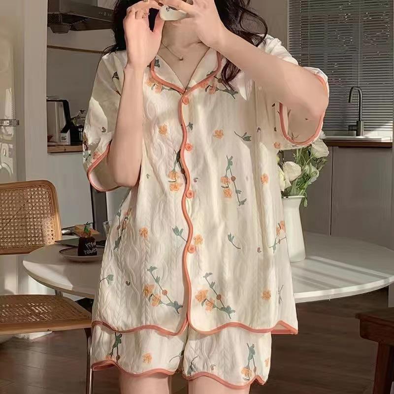Pajamas Female Summer Cartoon Young Ladies Students Cardigan Short-Sleeved Shorts Thin Section Homewear Two-Piece Suit