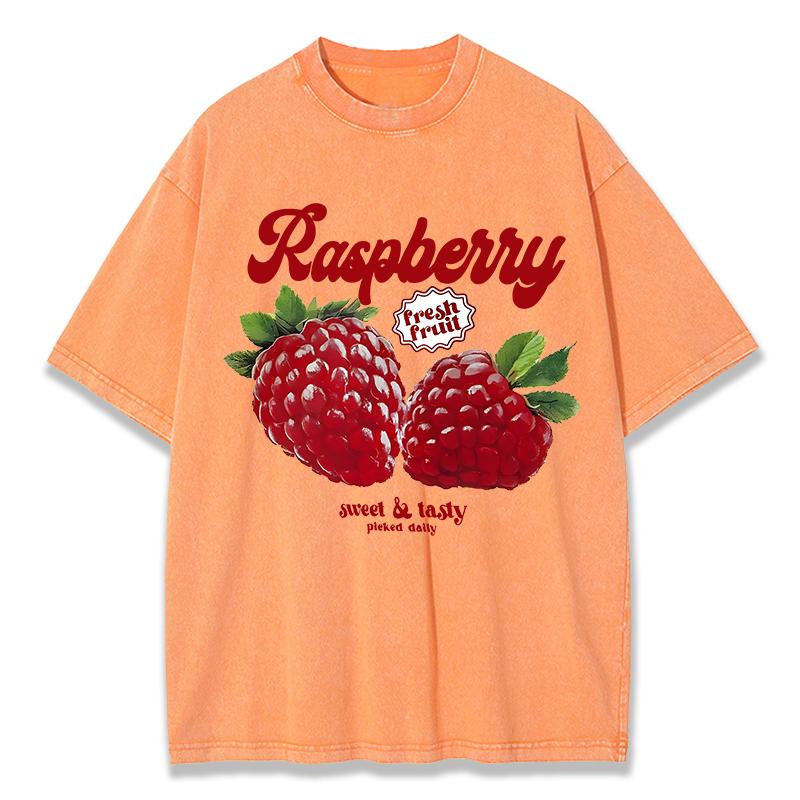 T-shirts Lavés Imprimés Fruits Frais Framboise pour Femmes Hauts en Coton Confortables T-shirts Décontractés à Col Rond Vêtements d'Été pour Femmes
