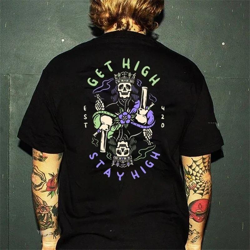 Summer Men's Letter Skull Print Round Neck T-shirt Punk Retro Trend Outdoor Pure Cotton Hip-hop High Street Short Sleeved Shirt
