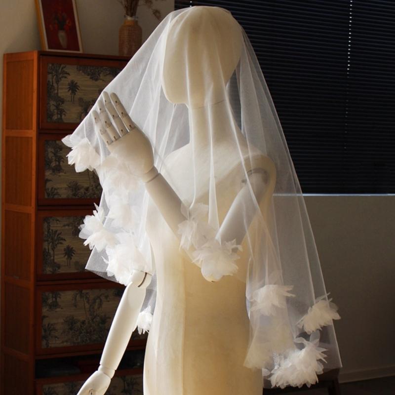 Flower Beaded Veil Wedding Veil Bridal Shower Headwear Photoshooting Accessory