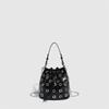 Fashion Rivet Bucket Bag Punk-style Fringes Beads Decor Underarm Bag Street Party Womens' Drawstring Design Large Handbag