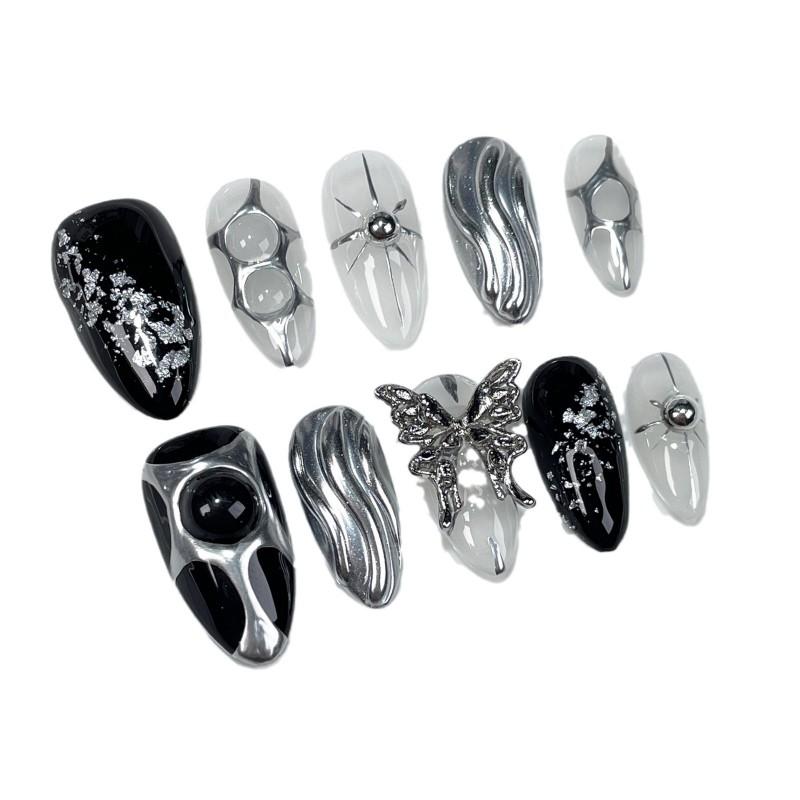 Almond Shape Press-On Nails With 3D Butterfly Embossing Minimalist Metalic Ins Style Sweet Punk False Nail Tips