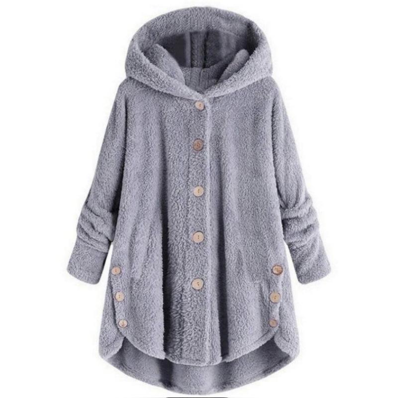 Women S Solid Color Hooded Button Plush Casual Coat