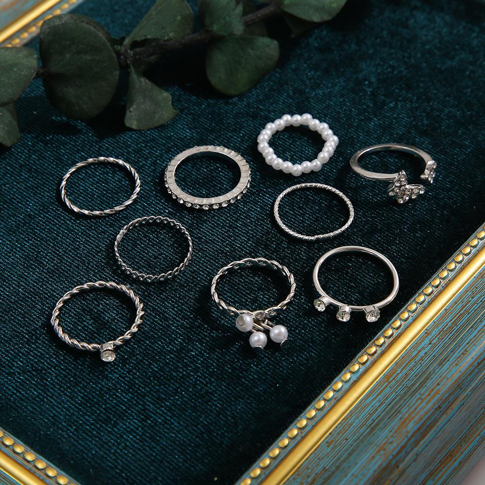 9-Piece Butterfly Rhinestone & Pearl Knuckle Ring Set for Women