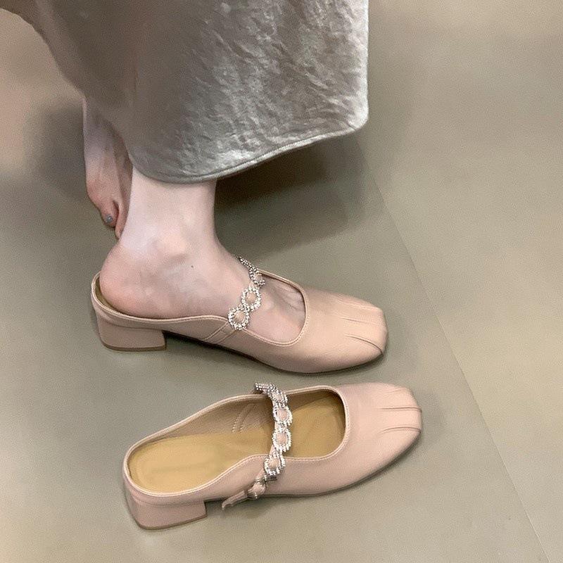 Temperament Silver Bag Head Half Slippers Women's Outer Wear Spring and Summer New Sandals Rhinestone Belt Single Shoes