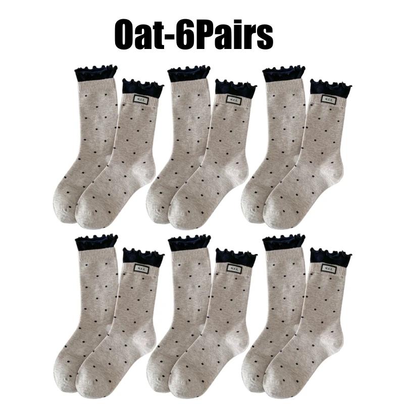Womens Polka Dot Mid Crew Socks Ballet Style Delicate Lace Edging and Ruffle Trim Fashion Woven Label Simple Design Socks