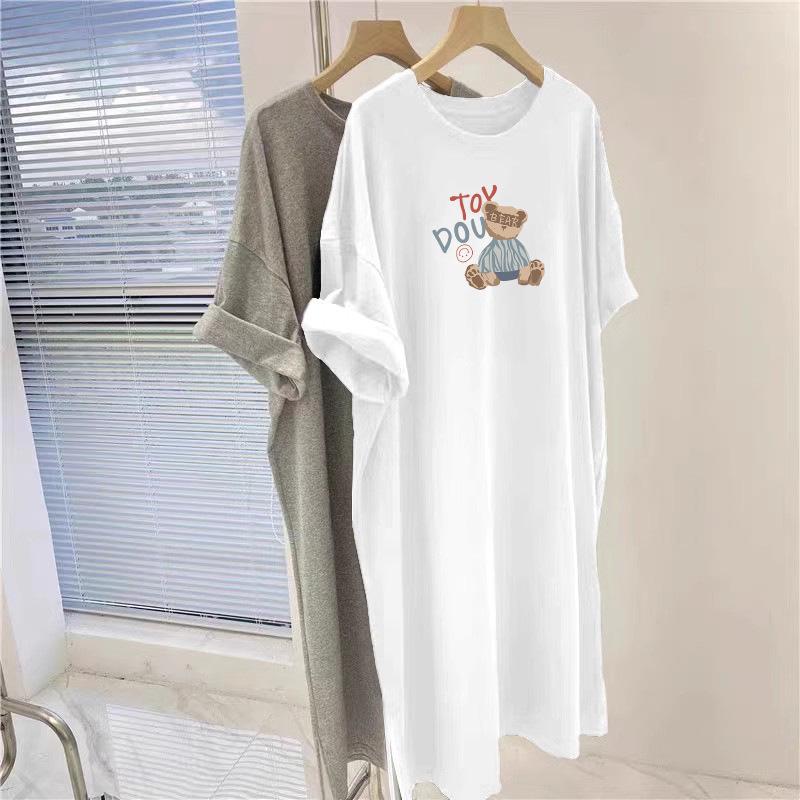 American Cartoon Print Casual Loose T-Shirt Dress, Short Sleeve, Round Neck, Slimming, Versatile for Summer.