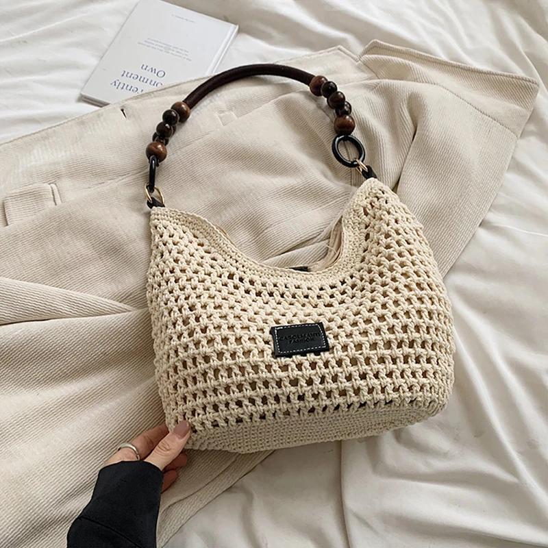 

Seaside Vacation Beach Weaving Bag Women New Hollow Knitted Handbag Large Capacity Single Shoulder Underarm Bag Adjustable Strap
