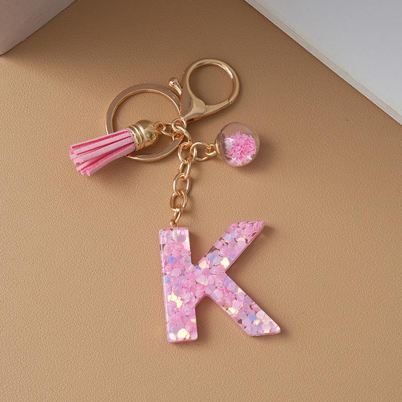

Pink Pompom Letter Keychain English Alphabet Keyring Glitter Gradient Resin Car Mirror Accessory Women Handbag Charms K