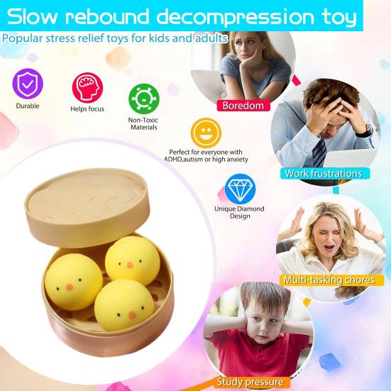 3Pcs/Set Simulated Steamed Bun Toy with Steamer Stress Relief Pig Chick Panda Bun Squeeze Sensory Toy Slow Rising Dumpling Stress Ball
