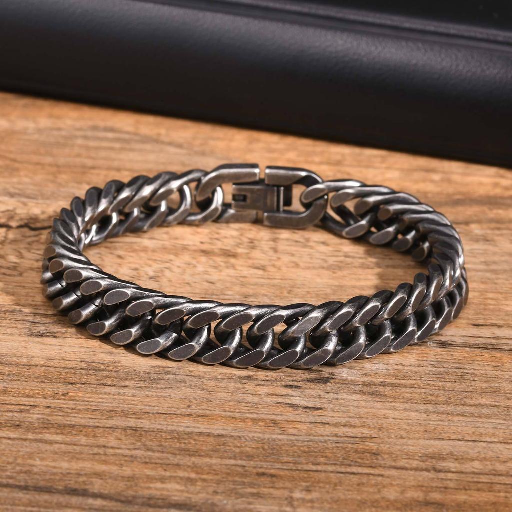 Vintage Men's Chunky Chain Bracelets,8/10/12mm Retro Grey Stainless Steel Cuban Chain Wristband,Rock Punk Classic Jewelry Gifts