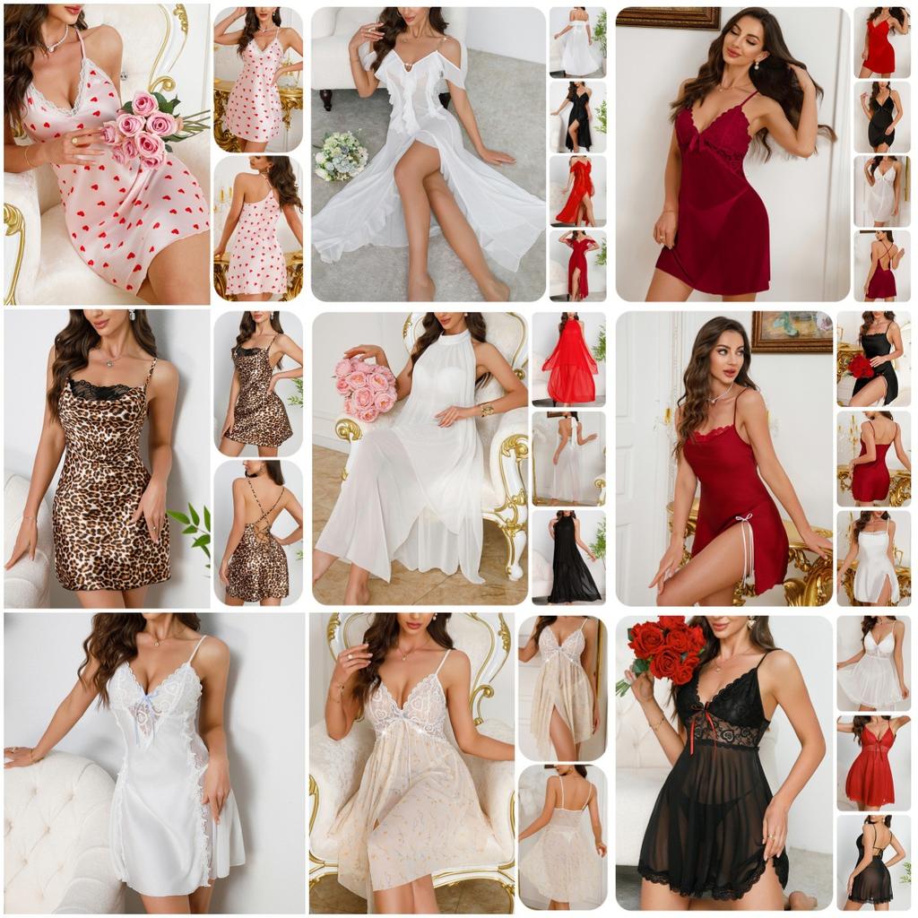 Multi-Style Sexy Lace Mesh Nightgown Deep V High Slit Print Cami Pajamas Women's Loungewear Versatile Seductive Sleepwear Collection with Diverse