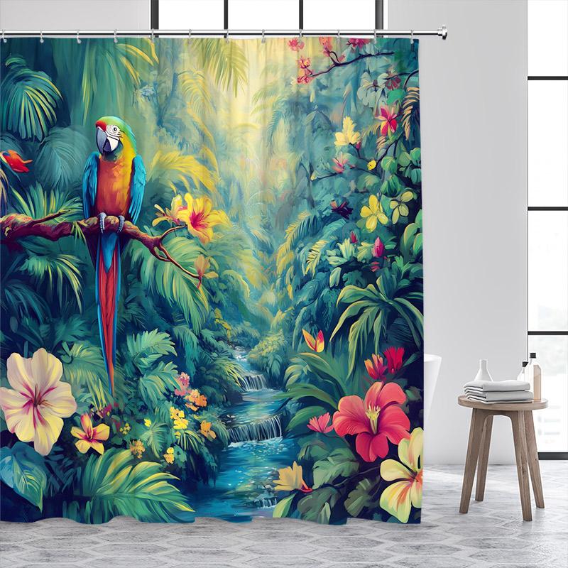 Tropical Jungle Parrot Shower Curtains Green Plant Leaves Flowers Birds Rainforest Scenery Polyester Home Bathroom Curtain Decor