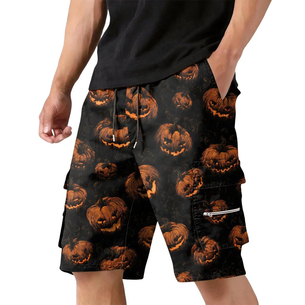 Men's Halloween Cargo Shorts with Multiple Pockets, Drawstring Waist, Casual Work Shorts for Costume Party, Summer Outdoors, Beach, Hiking, Daily Wear