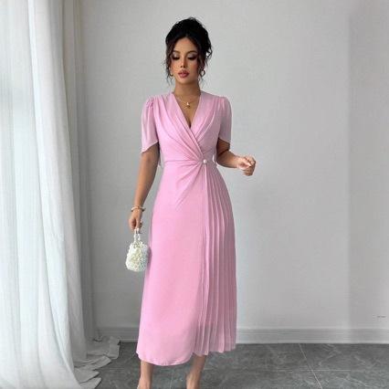 Summer European and American fashion temperament casual pleated sexy waist dress