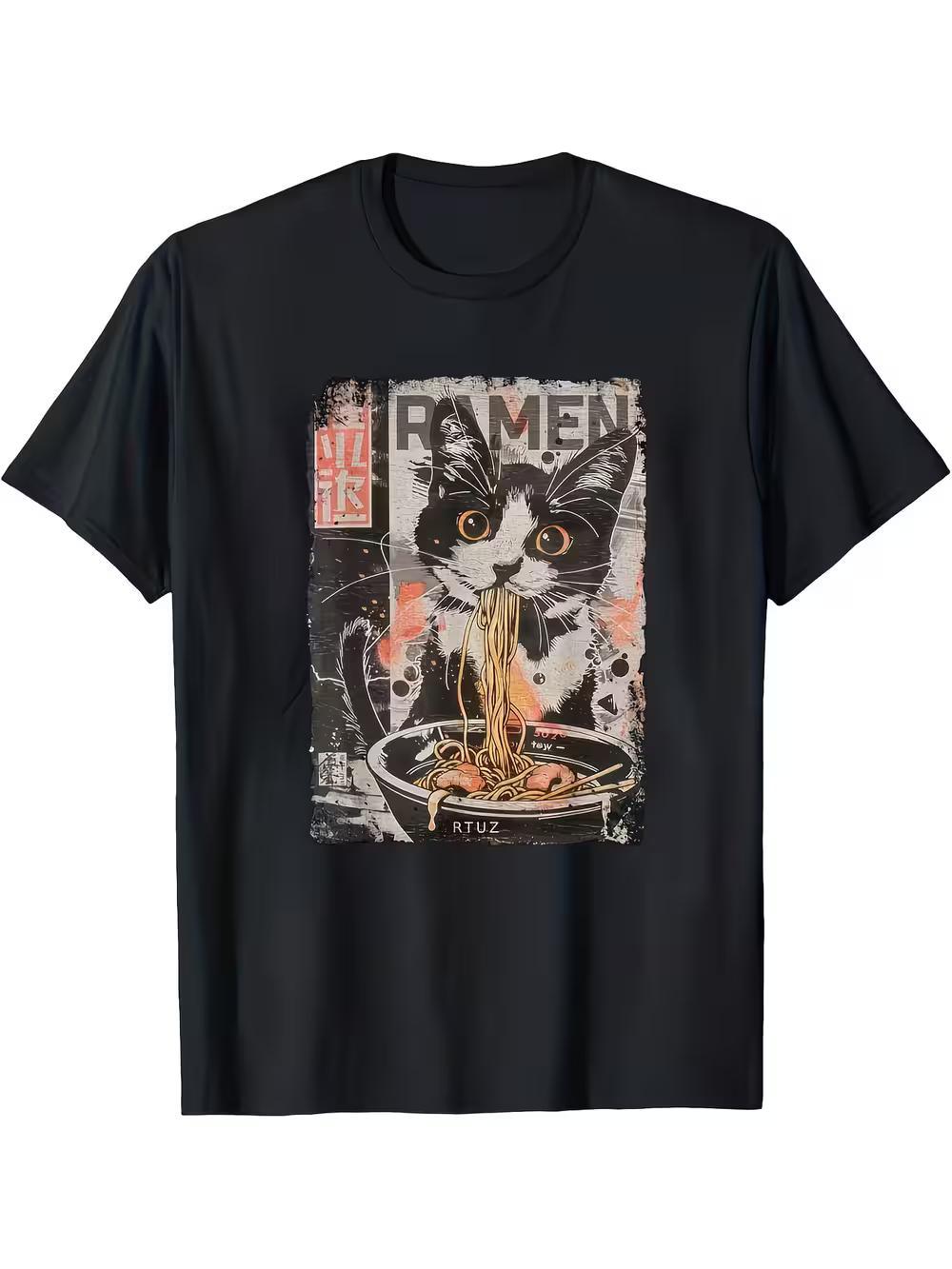 

Men S Kawaii Cat And Ramen Patterned T-Shirt Is Soft XL