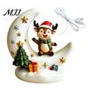 Elk Figurine Ornament Christmas Moon Night Light with Santa Claus, Resin Decoration Warm LED Ornaments Glow, Holiday Tabletop for Home