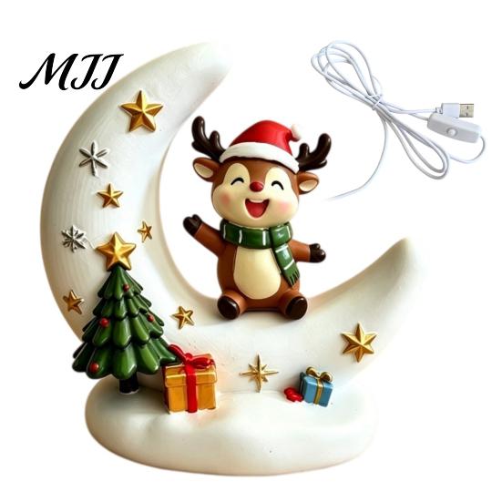 Elk Figurine Ornament Christmas Moon Night Light with Santa Claus, Resin Decoration Warm LED Ornaments Glow, Holiday Tabletop for Home
