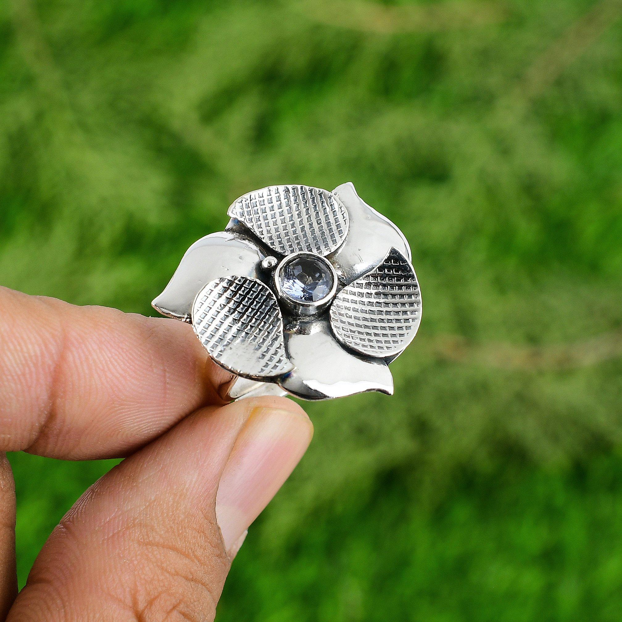 

925 Silver Natural Tanzanite Quartz Handcrafted Flower Promise Statement Ring Adjustable