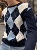 Damen Rundhals Langarm Dicker Jacquard Diamantstrick Pullover für Frühling und Herbst