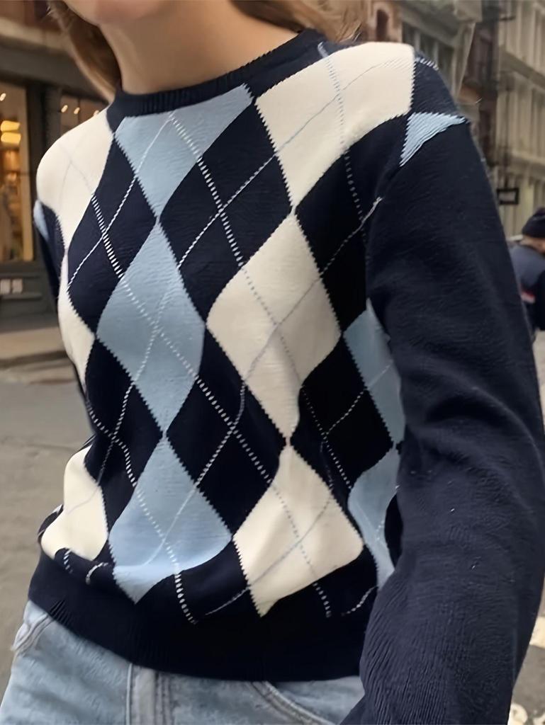 Damen Rundhals Langarm Dicker Jacquard Diamantstrick Pullover für Frühling und Herbst