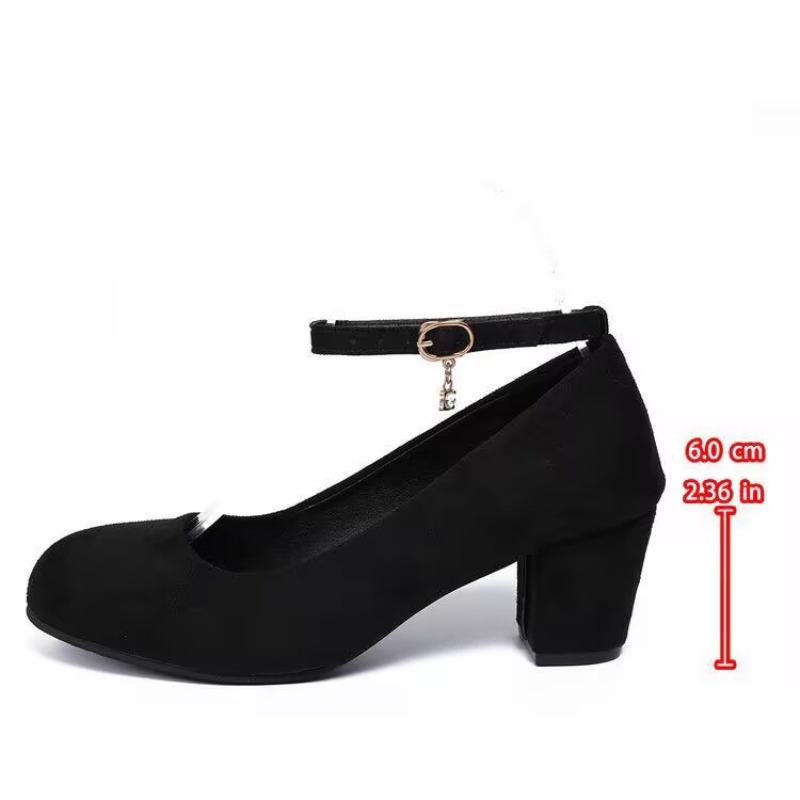 Women's Plus Size Round Toe Suede Block Heel Loafers, Buckle Detail Low Cut Dress Shoes