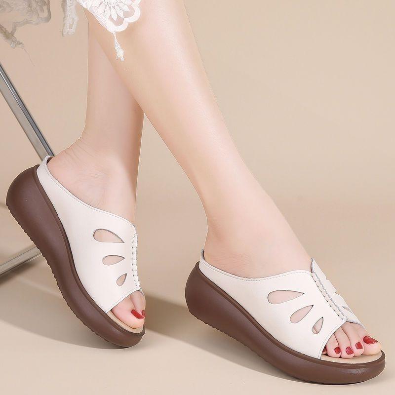 Summer Sandals with Hollow Out Slippers for Middle-aged Women and Sloping Heels