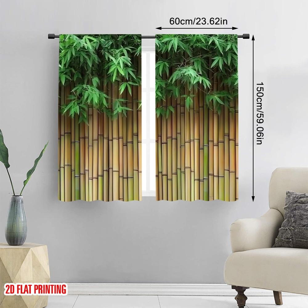 2pcs 2D flat printing Scene Curtain Bamboo Leaves And Fence (2) Digital Printed Polyester Drapes Festive Wall Decor Use for