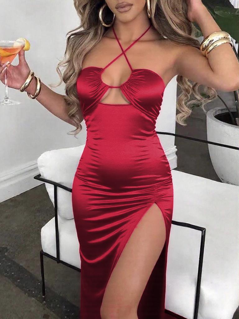 European and American Style Sexy Neck Dress, New Hollow Lace-up Side High Split High-end Nightclub Dress