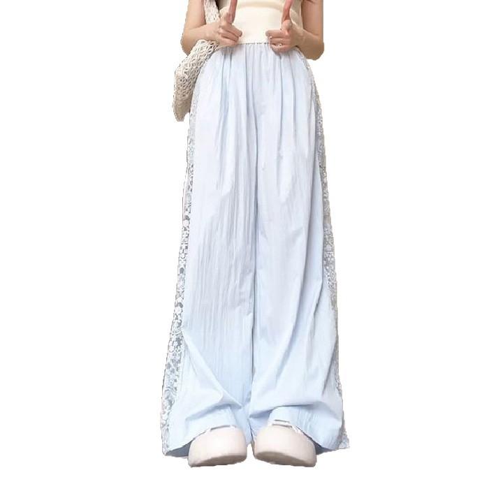 Pantaloni a gamba larga traforati con inserti in pizzo da donna estivi a vita alta con senso del design larghi sottili drappeggiati casual
