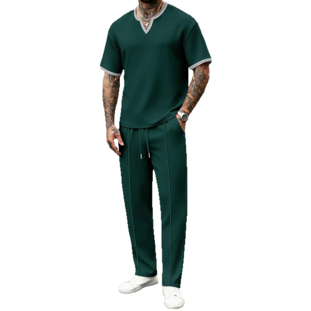 Men's Summer V-neck Waffle T-shirt & Long Pants Streetwear Sports Set