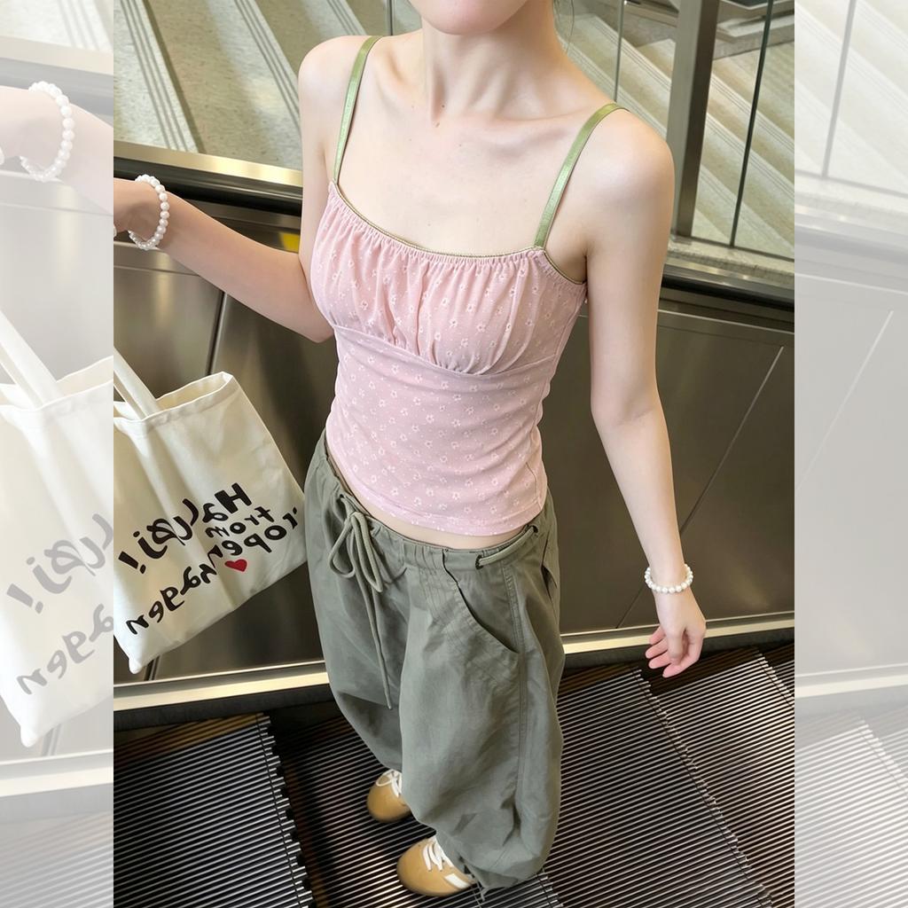 French Sweet Pink Floral Sleeveless Small Suspender Vest Women's Summer Unique and Beautiful Outer Wear Inner Tube Top