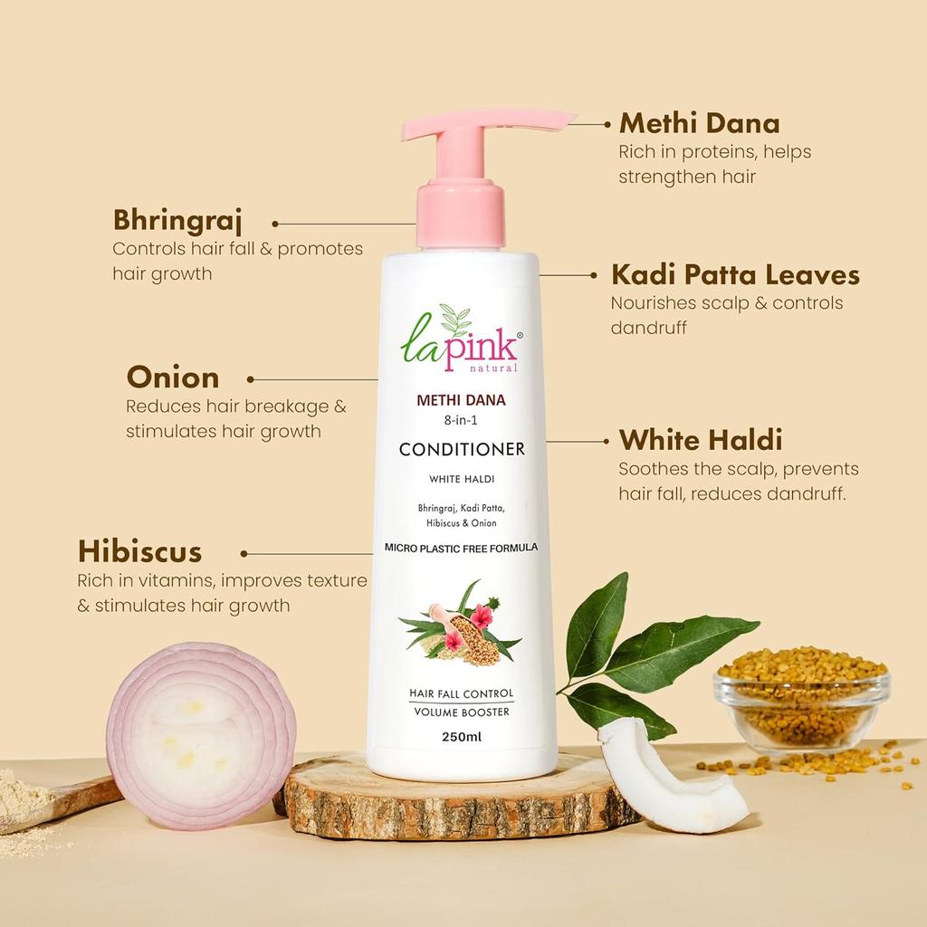 La Pink Methi Dana 8-in-1 Conditioner with Hibiscus & Onion | For Hair Fall Control | 100% Microplastic Free Formula | All Hair Types | 250ml