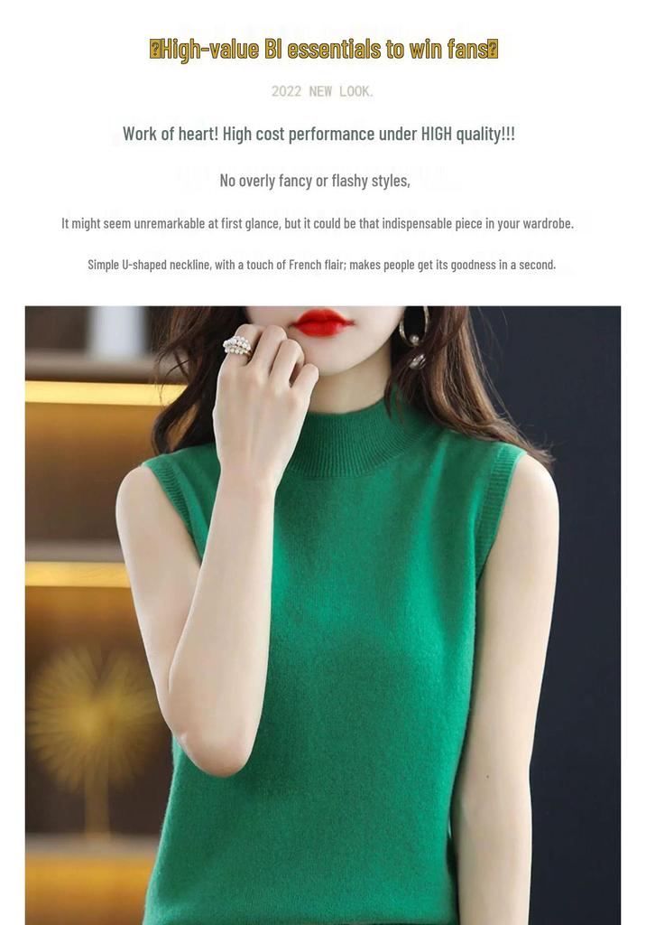Women's Cashmere Sleeveless Pullover Sweater - Autumn 23 Collection, Solid Color, Half-High Neck, Straight Fit, Pure Wool Base Layer.