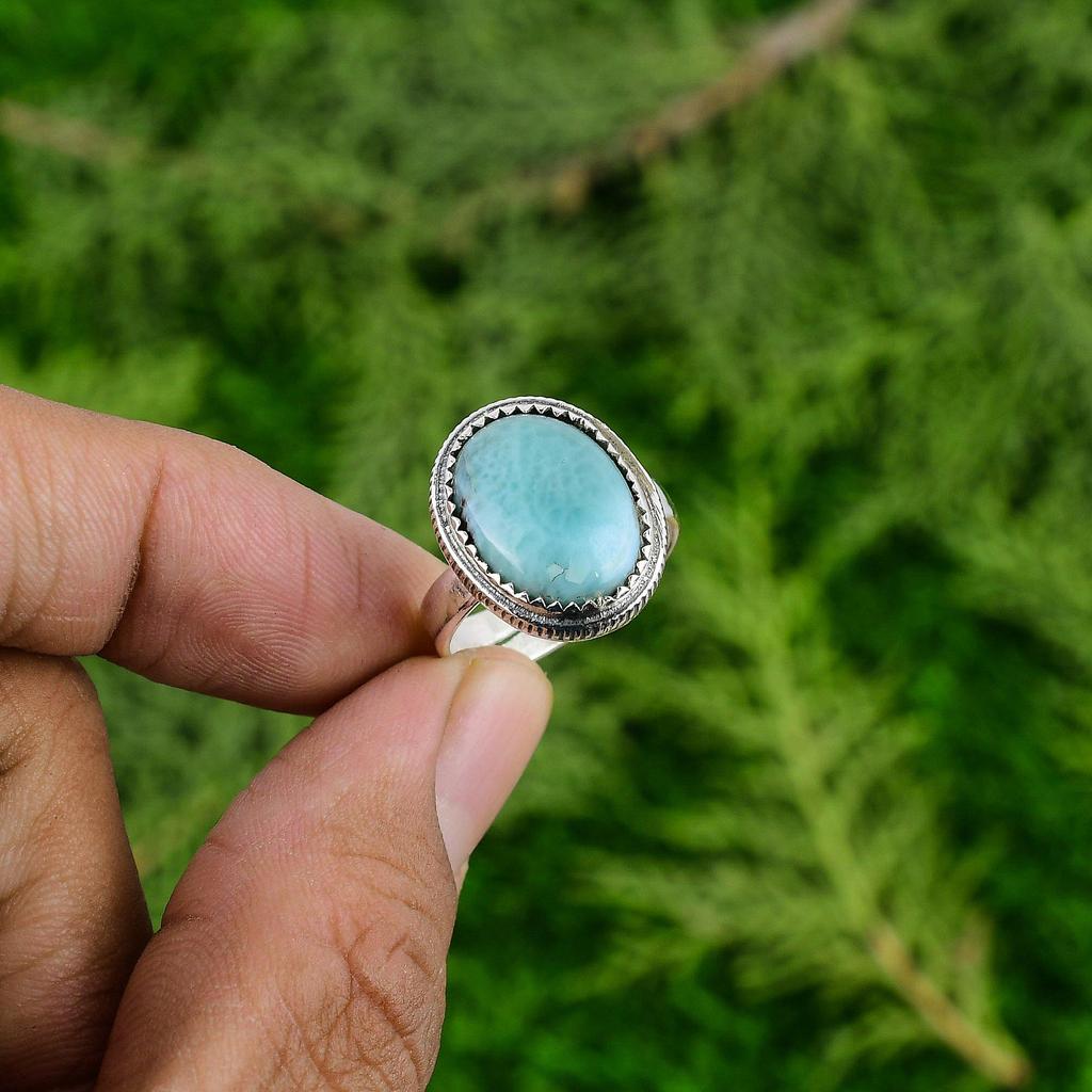 Mothers day Sale Natural Larimar Sterling Silver Bezel Stackable Ring Jewelry