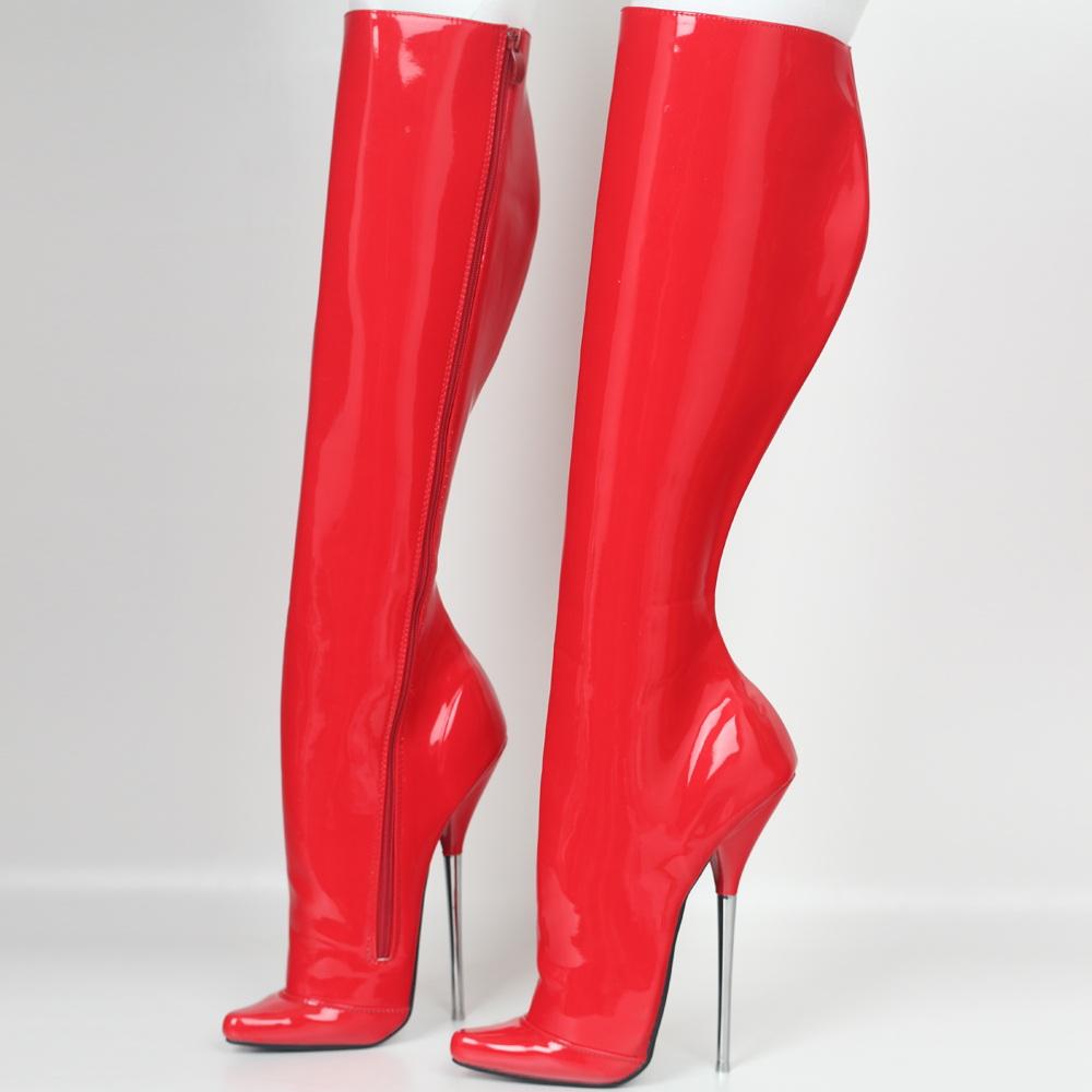 Fashion FHC 2025 New Metal Heel 18CM,Women Knee High Boots,Fetish Ballet Dancing Shoes,Men Cosplay Botas,Side Zip,Red,Customized Color