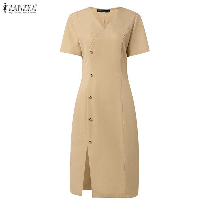 ZANZEA Women Casual V-Neck Solid Color Short Sleeve Sheath Dress