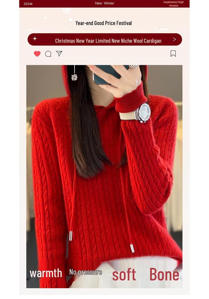 Women's 100% Wool Red Hoodie Sweater - Lazy Style Knit Top for New Year