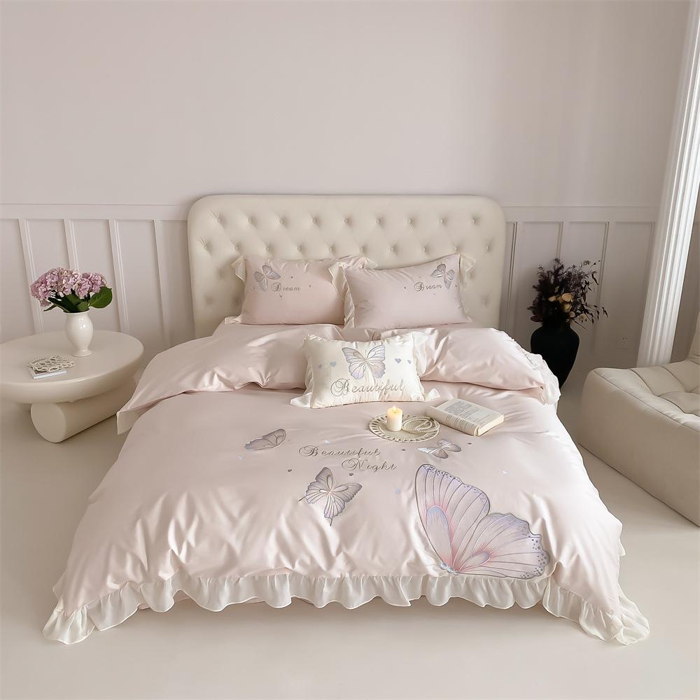 Lace Cotton Bedding Four-piece Set Princess Wind Butterfly Embroidery Skin-friendly Breathable Bed Sheet Quilt Cover Pillowcase Set