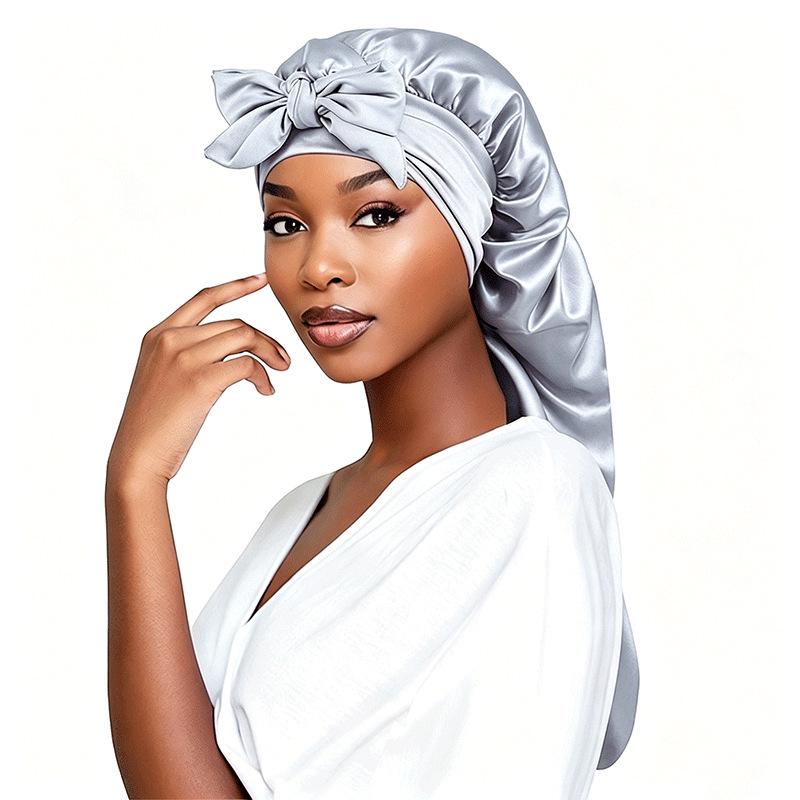 Satin Bow Tie Long Stocking Nightcap Headscarf for Long Hair Protection