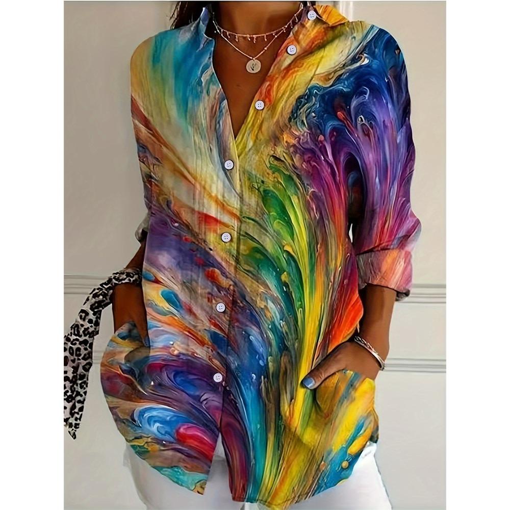 Camisa de mujer ajustada con botones, estilo casual, con estampado de flores de anacardo, ideal para uso diario. Camisa de solapa de talla grande.