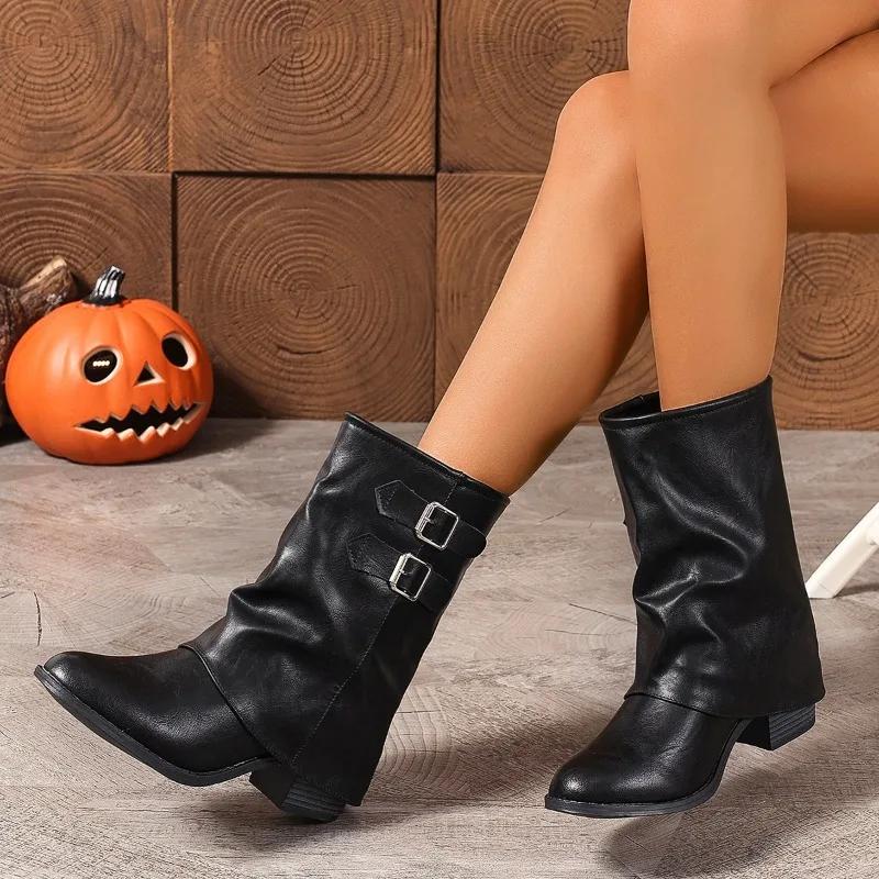 Buckles Trouser Boots for Women 2025 New Autumn Winter Chunky Heels Ankle Boots Punk Cool Comfy Combat Retro Style Ladies Shoes