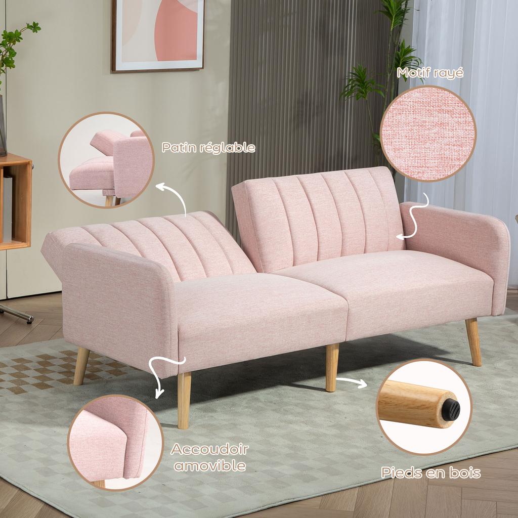 Scandinavian Design 2 Seater Convertible Sofa Reclining Backrest 3 Positions Wood Legs Linen Look Fabric Pink