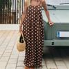 Women Brown Polka Dot Backless Spaghetti Strap A Line Maxi Vacation Dress